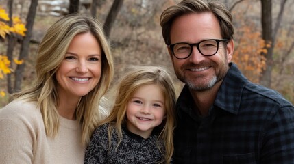 Obraz premium Surrounded by autumn foliage, a smiling family stands united outdoors, conveying the concept of happiness and togetherness for family-oriented content