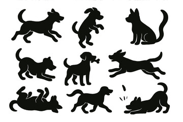 Icon set of various playful dog and cat silhouettes in dynamic poses showcasing their playful nature