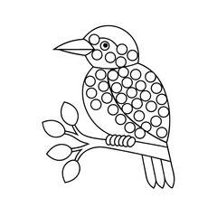 Line art bird with circles on branch for coloring page or educational activity