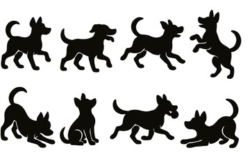 Silhouettes of various dog breeds in playful and relaxed poses showcasing canine agility and charm