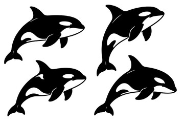 Icon set featuring four black orcas swimming freely in an artistic design