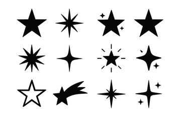 Icon set featuring various star shapes and designs useful for graphic projects or digital applications
