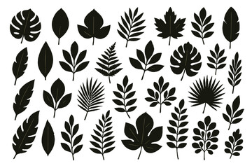 Icon set featuring various leaf designs in black silhouettes on a white background