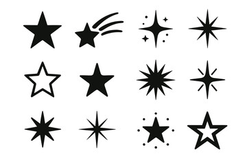Icon set featuring various star shapes and designs suitable for artistic projects and digital applications
