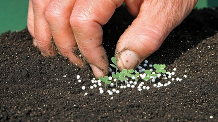 Close-up of hands carefully planting seedlings in fertile soil.