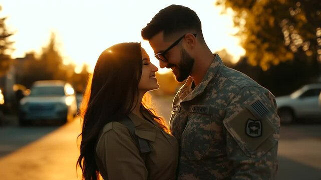 A soldier and his partner, both in army uniforms, smile and embrace on a suburban street, the golden glow of sunset illuminating the scene. The warmth of their reunion speaks to th