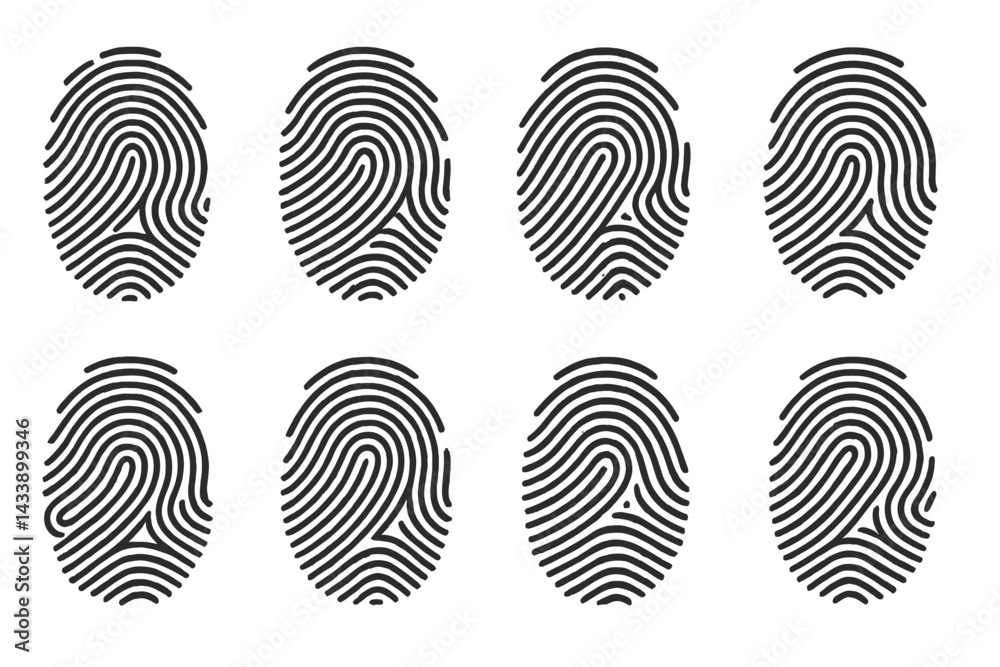 Poster unique icon set featuring various fingerprint designs showcasing intricate line patterns and texture