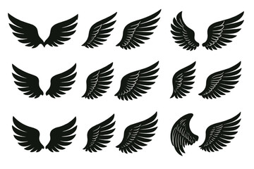 Collection of black wing icons in various styles for design projects and graphics