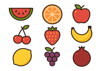 Colorful fruit icon set featuring various types of fresh produce in a simple and playful design for use in digital and print applications