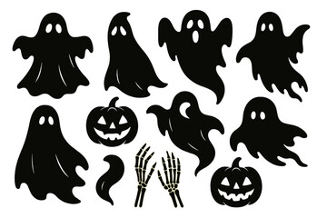Unique black icon set featuring Halloween-themed ghosts, pumpkins, and skeleton hands for festive designs