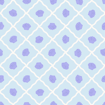 Purple seashell on blue square background with wavy white lines. Vector illustration seamless pattern for background, wallpaper, wrapping and textile.