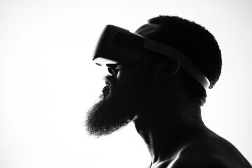 A person sporting an afro hairstyle is completely absorbed in a virtual reality experience while wearing a sleek VR headset, captured in a profile shot against a vibrant backdrop
