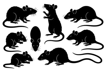 Icon set featuring various black silhouettes of mice in different poses and activities suitable for graphic design projects