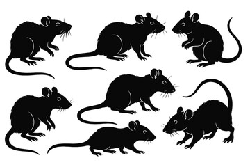 Collection of black silhouette icons of mice in various positions showcasing different poses and movements