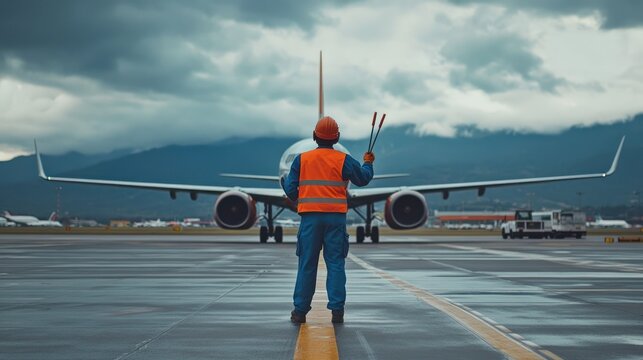 Airport worker guiding plane, stormy sky