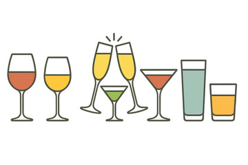 Collection of diverse drink icons featuring glasses filled with various colorful beverages for creative design projects