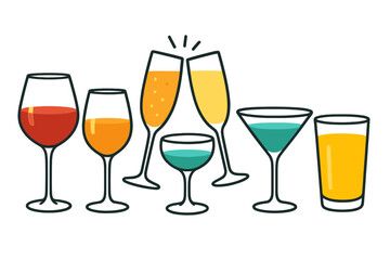 Icon set showcasing various drink glasses with a celebratory toast at the center