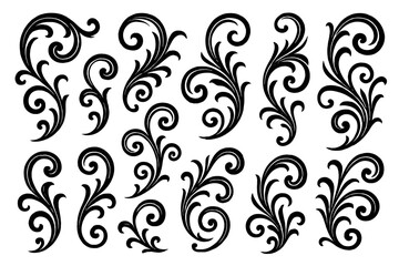 Elegant black floral icon set showcasing intricate swirls and curves for decorative purposes in design projects