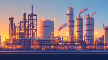 Obraz premium At twilight, the industrial oil refinery with its towers and pipes stands against the colorful sky, hinting at the power and energy produced within the petrochemical plant