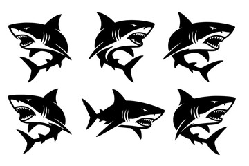 Icon set featuring black shark designs for use in various creative projects and applications