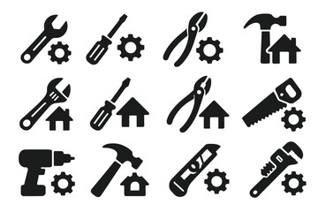 Icon set featuring various tools for home repair and construction tasks