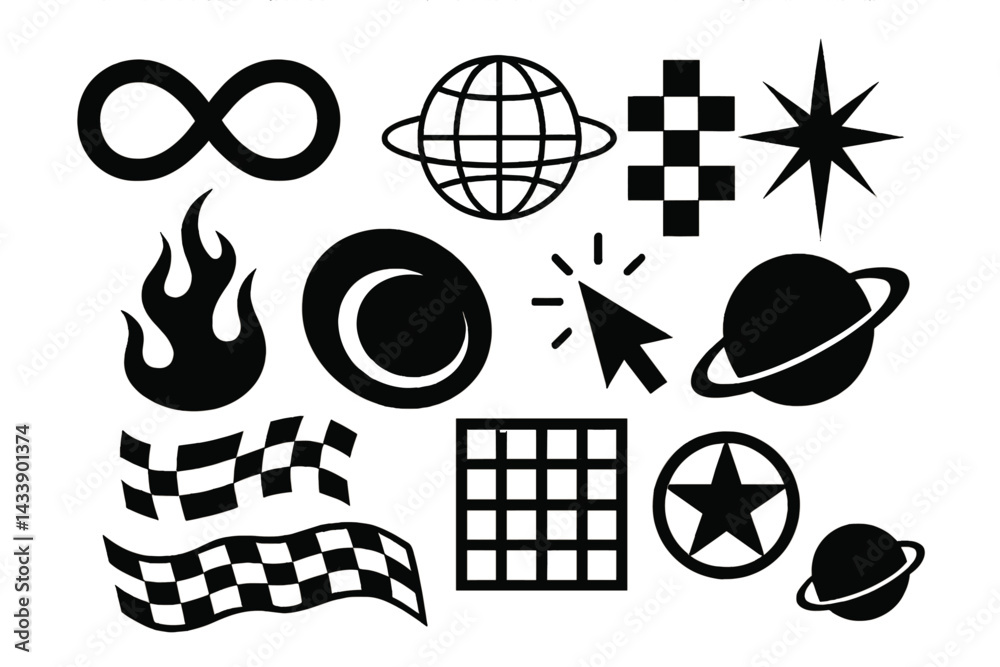 Poster collection of versatile black icons representing various concepts and themes for digital design proj
