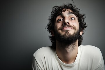 Obraz premium A bearded man has a happy smile on his face with a stylish haircut
