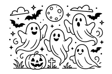 Icon set featuring playful ghosts, bats, and a pumpkin during Halloween festivities