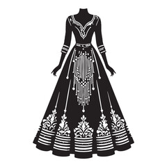 Obraz premium Flowing Indo-Western Gown silhouette, stylish fusion wear for all occasions – Indo-Western Gown illustration – Minimalist Indo-Western Gown vector – Ladies dress silhouette