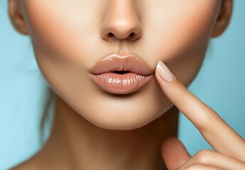 Fototapeta premium Closeup of a young woman with attractive lips set against a colorful backdrop
