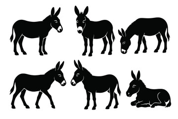 Various black silhouette icons of donkeys in different poses and actions for creative design use in presentations and projects