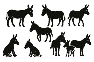 Obraz premium Collection of black silhouette icons featuring donkeys in various poses and sizes