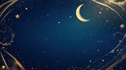 Naklejka premium Night sky, crescent moon, stars, golden frame, celestial background, website banner