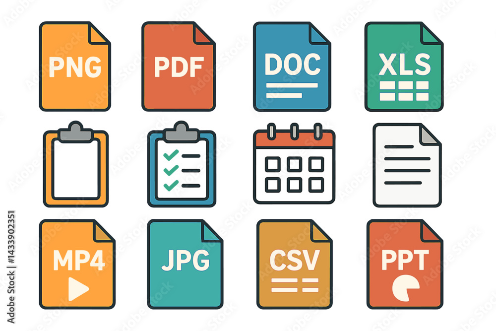 Poster icon set featuring various file formats and organizational elements for digital documentation