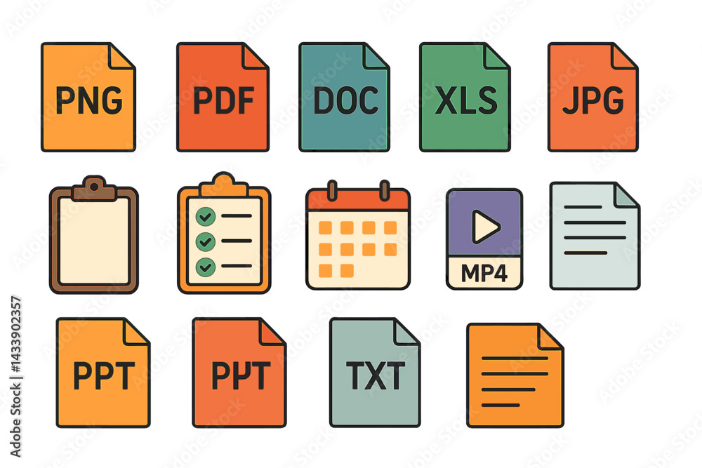 Aufkleber icon set featuring various document formats and file types suitable for digital communication and pr