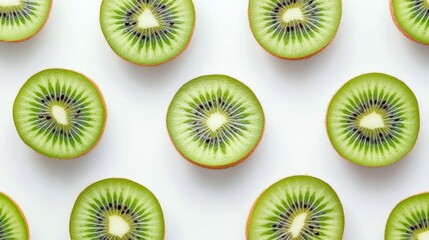 Fototapeta premium Vibrant and refreshing sliced kiwi fruit arranged on a light green perforated surface.