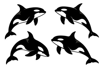 Black and white icon set of four orcas in various swimming poses