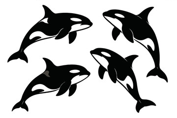 Icon set featuring black and white orcas in dynamic poses for creative projects and designs