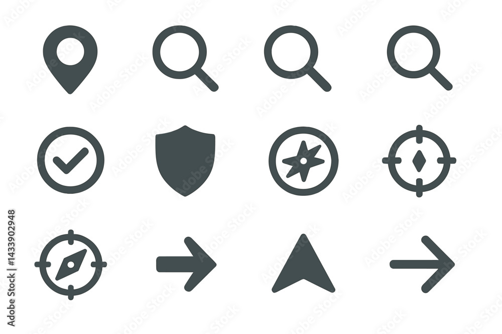 Poster icon set featuring navigation, search, and security symbols designed for user interfaces and applica