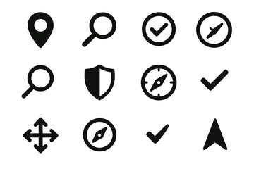 Icon set featuring navigation, search, and check symbols for digital design and interface applications