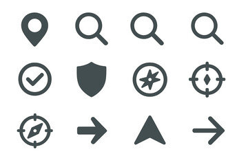 Icon set featuring navigation, search, and security symbols designed for user interfaces and applications