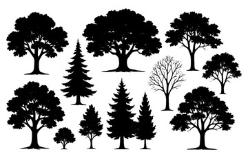 Obraz premium Icon set featuring various tree silhouettes in different styles and sizes for design use