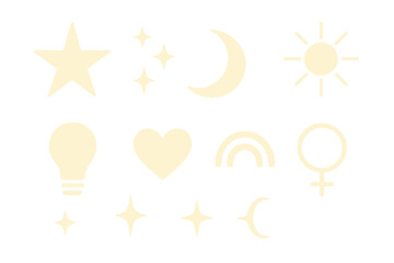 Unique icon set featuring celestial symbols, light bulbs, and hearts designed for various creative applications