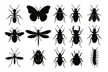 Icon set featuring various insect illustrations in black silhouette style for design applications © Andrei