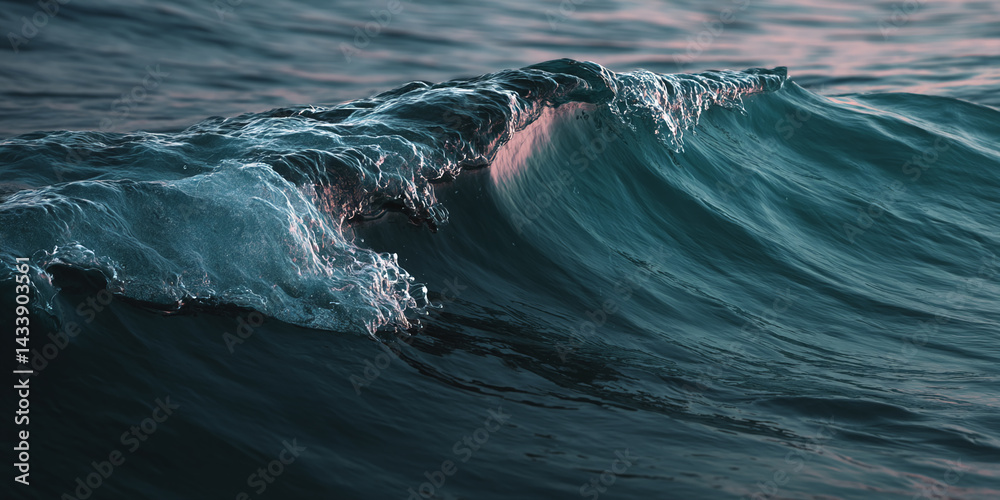 Poster close-up of dark teal ocean wave, textured surface, showing movement and light reflection, symbolizi
