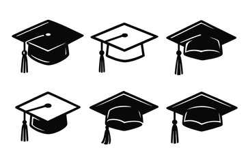 Collection of graduation caps icons in various styles and designs for educational themes