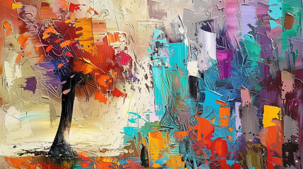 Colorful abstract tree with vibrant square leaves.