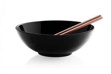 Black bowl with chopsticks, isolated on white