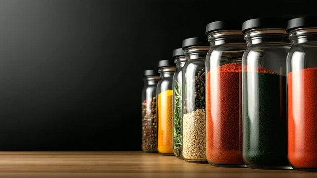 A variety of spices and herbs sit in glass jars on a wooden surface, arranged meticulously for a tidy display. The minimalist black backdrop and modern kitchen design create an aes