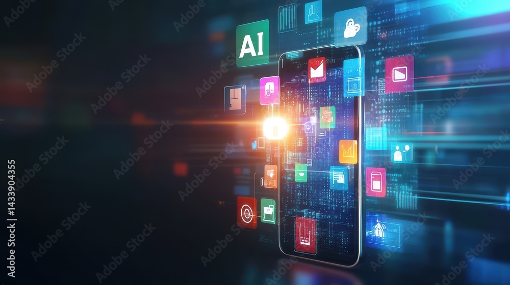 Wall mural digital mobile phone interface with various application icons.